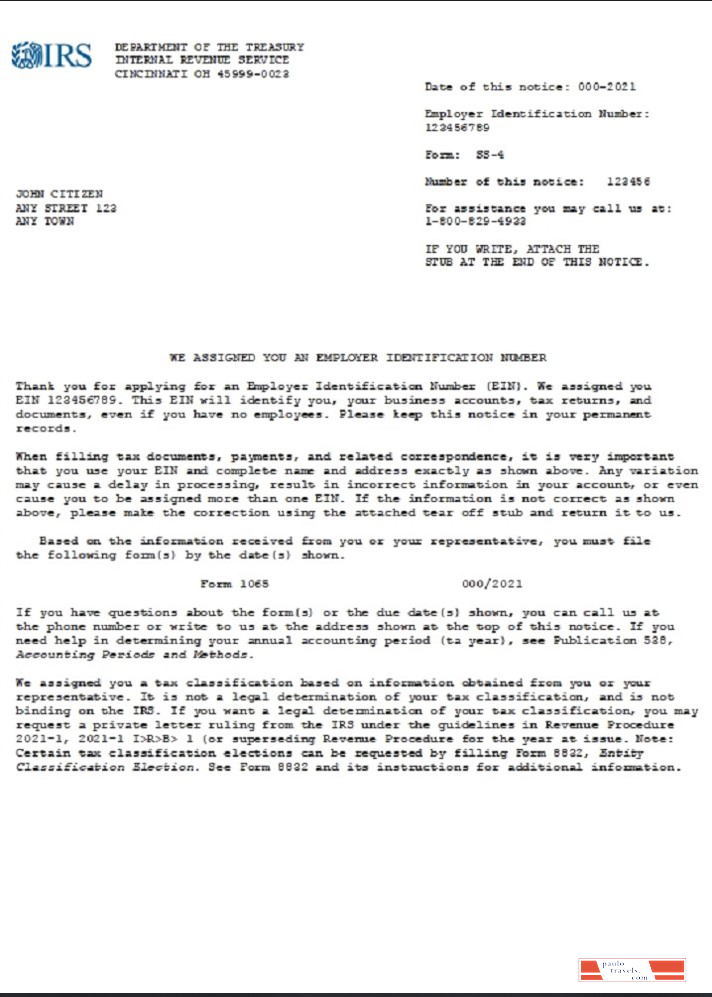 USA INTERNAL REVENUE SERVICE (IRS) Employer Identification Number (EIN) business registration